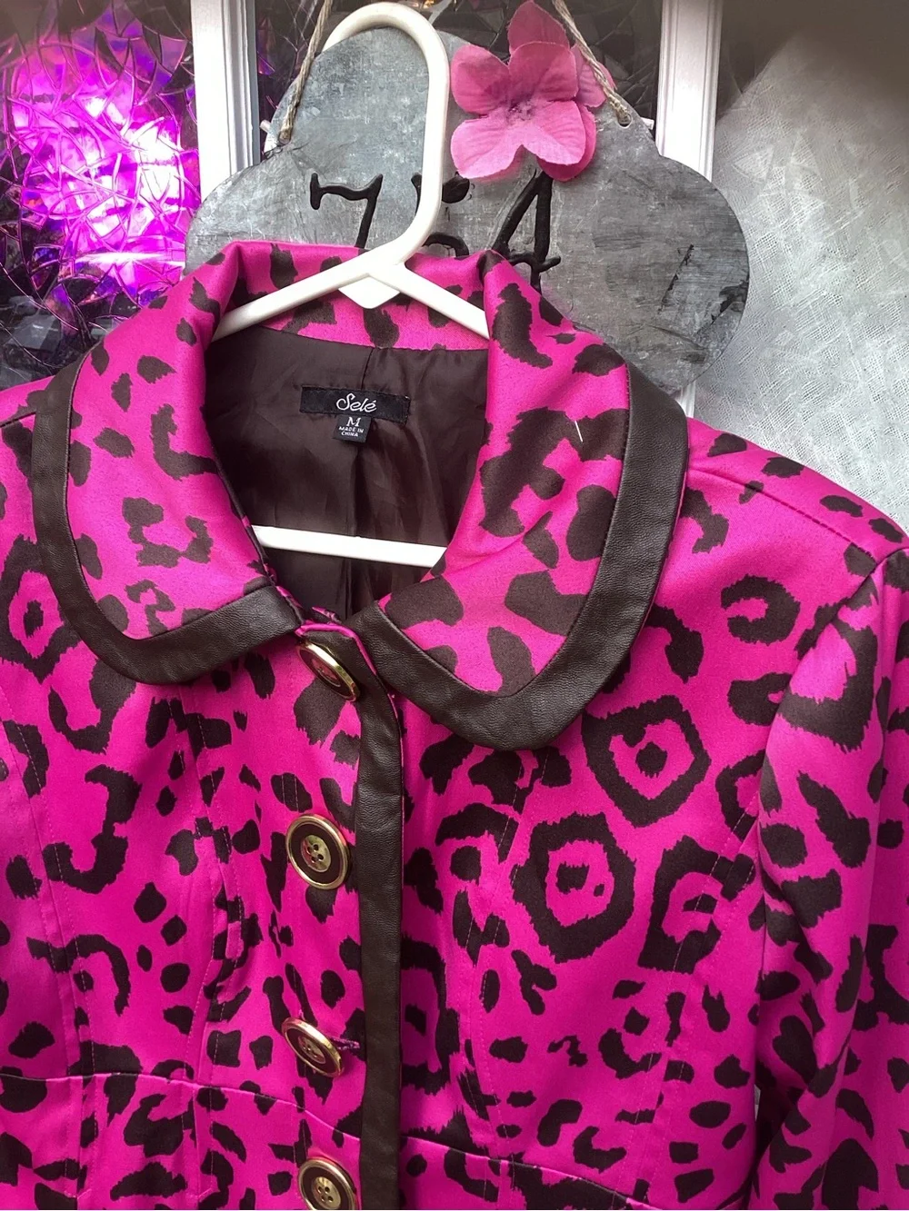 Sele Hot Pink Leopard Print Coat with Black Trim Sz. M